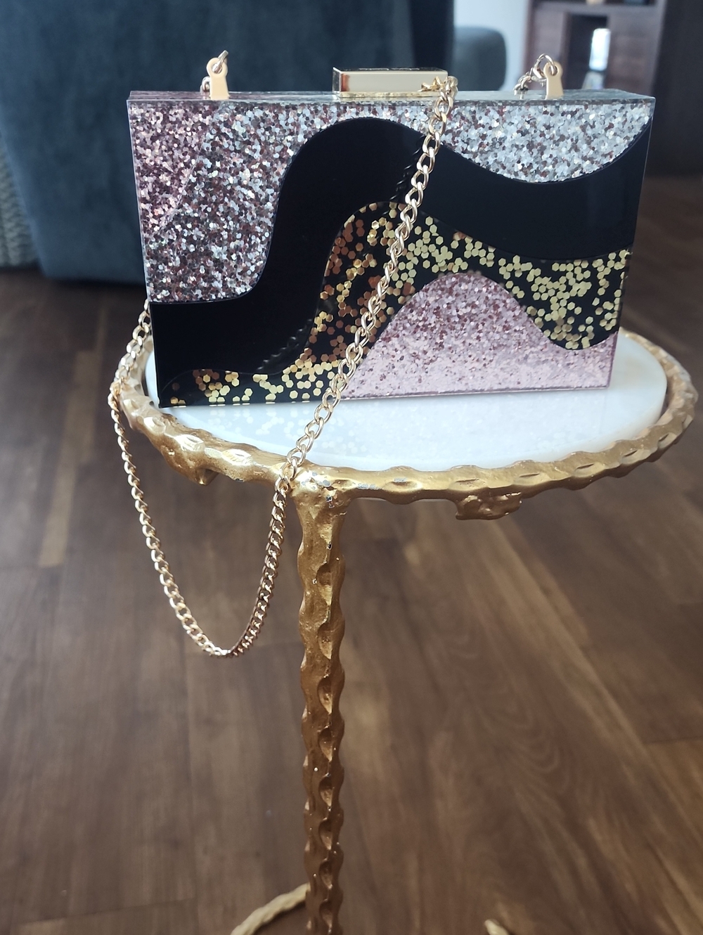 Olga Berg Glitter Wave Acrylic Crossbody Clutch - Pink, Black, Gold